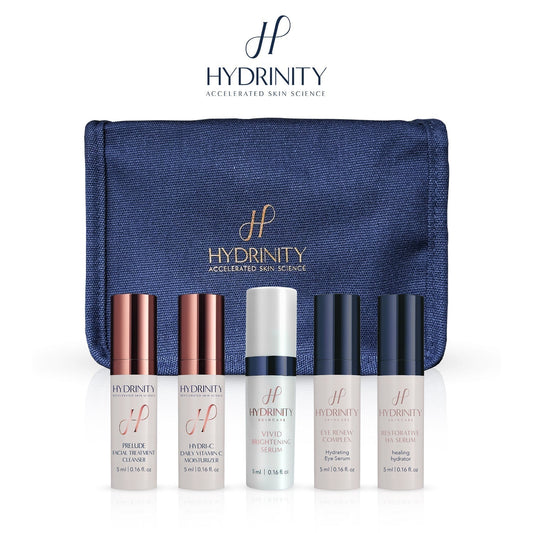 Hydrinity Cosmetic Bag and 5 Deluxe Travel Sizes - Restorative HA - Your Skincare Source